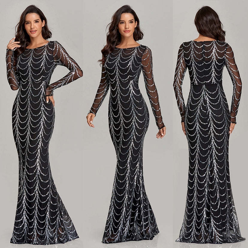 Long Sleeve Sequin Maxi Party Dress for Women
